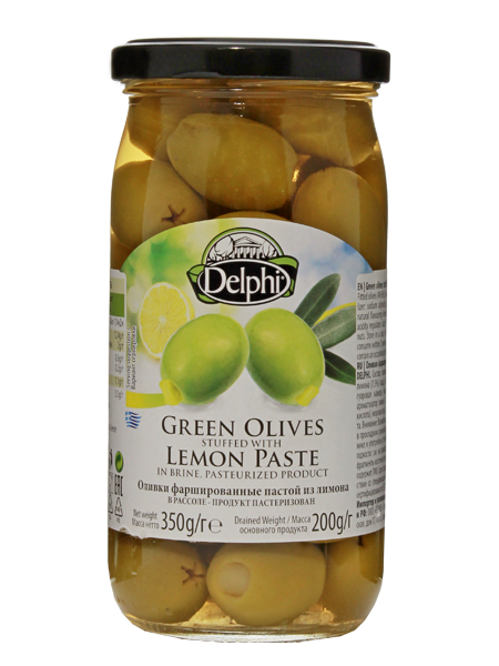 Оливки фаршированные пастой из лимона в рассоле DELPHI с/б 350г (12/576)