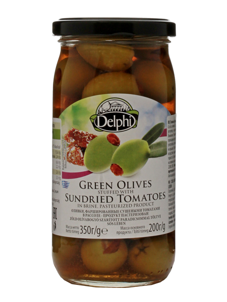 Оливки фаршированные сушеными томатами в рассоле DELPHI с/б 350г (12/960)