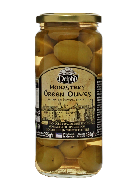 Оливки с косточкой в рассоле Монастырские DELPHI с/б 480г (12/936)